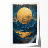 Glam Wall Art - Large Golden Moon Over Dark Blue Mountains and Reflections
