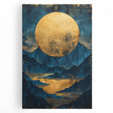 Glam Wall Art - Large Golden Moon Over Dark Blue Mountains and Reflections