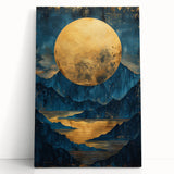 Glam Wall Art - Large Golden Moon Over Dark Blue Mountains and Reflections