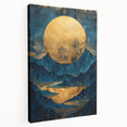 Glam Wall Art - Large Golden Moon Over Dark Blue Mountains and Reflections