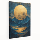 Glam Wall Art - Large Golden Moon Over Dark Blue Mountains and Reflections