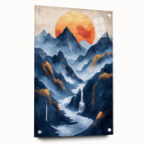 Glam Wall Art - Golden Sun Over Dark Blue Mountains and Waterfalls