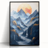 Glam Wall Art - Golden Sun Over Dark Blue Mountains and Waterfalls