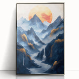 Glam Wall Art - Golden Sun Over Dark Blue Mountains and Waterfalls