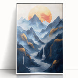 Glam Wall Art - Golden Sun Over Dark Blue Mountains and Waterfalls