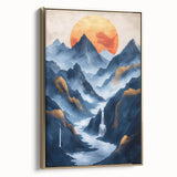 Glam Wall Art - Golden Sun Over Dark Blue Mountains and Waterfalls