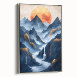 Glam Wall Art - Golden Sun Over Dark Blue Mountains and Waterfalls