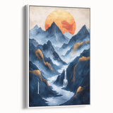 Glam Wall Art - Golden Sun Over Dark Blue Mountains and Waterfalls