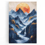 Glam Wall Art - Golden Sun Over Dark Blue Mountains and Waterfalls