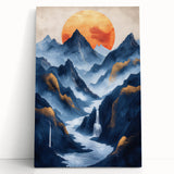 Glam Wall Art - Golden Sun Over Dark Blue Mountains and Waterfalls