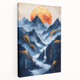 Glam Wall Art - Golden Sun Over Dark Blue Mountains and Waterfalls