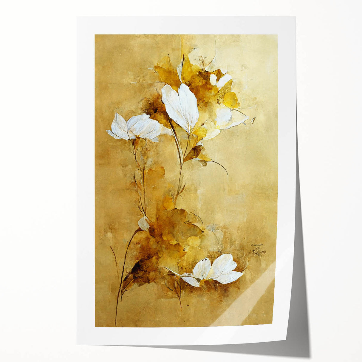 Glam Wall Art - Elegant White Flowers on Gold Background in Modern Style