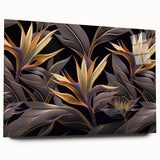 Glam Wall Art - Luxurious Golden Floral Design with Dark Leaves on Black