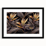 Glam Wall Art - Luxurious Golden Floral Design with Dark Leaves on Black