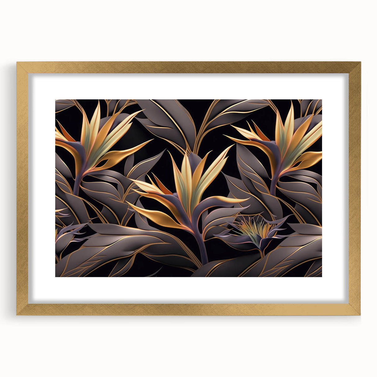 Glam Wall Art - Luxurious Golden Floral Design with Dark Leaves on Black