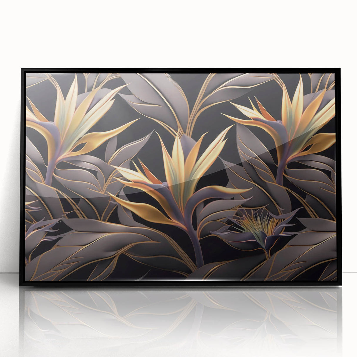 Glam Wall Art - Luxurious Golden Floral Design with Dark Leaves on Black