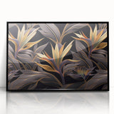 Glam Wall Art - Luxurious Golden Floral Design with Dark Leaves on Black