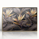 Glam Wall Art - Luxurious Golden Floral Design with Dark Leaves on Black
