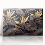 Glam Wall Art - Luxurious Golden Floral Design with Dark Leaves on Black