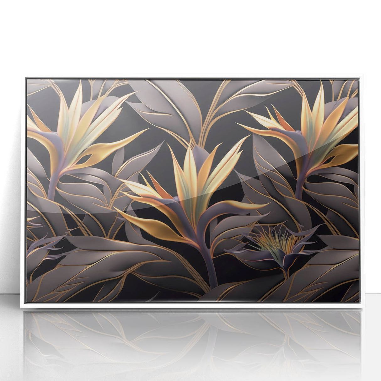 Glam Wall Art - Luxurious Golden Floral Design with Dark Leaves on Black