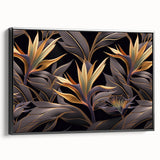 Glam Wall Art - Luxurious Golden Floral Design with Dark Leaves on Black