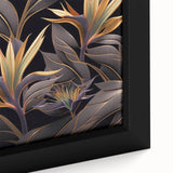 Glam Wall Art - Luxurious Golden Floral Design with Dark Leaves on Black