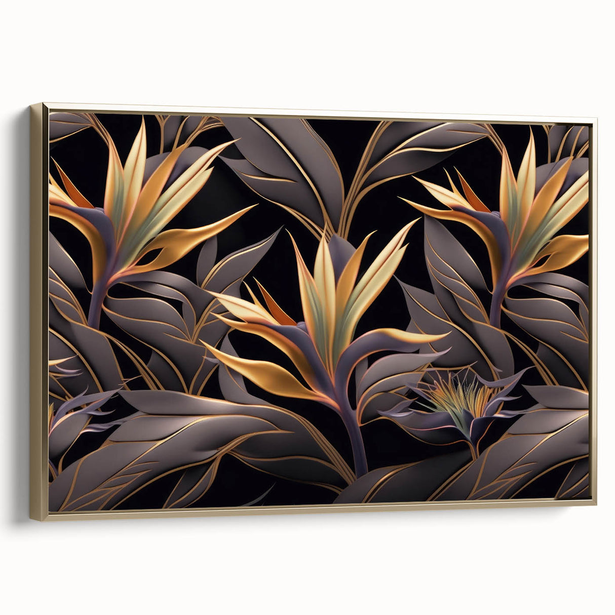 Glam Wall Art - Luxurious Golden Floral Design with Dark Leaves on Black