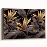 Glam Wall Art - Luxurious Golden Floral Design with Dark Leaves on Black