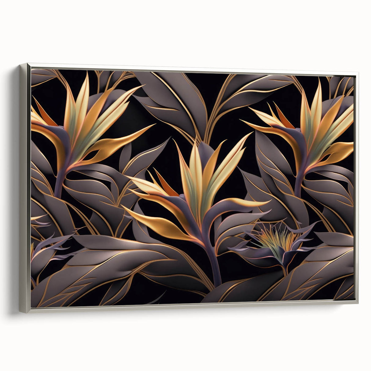 Glam Wall Art - Luxurious Golden Floral Design with Dark Leaves on Black
