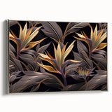 Glam Wall Art - Luxurious Golden Floral Design with Dark Leaves on Black