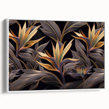 Glam Wall Art - Luxurious Golden Floral Design with Dark Leaves on Black
