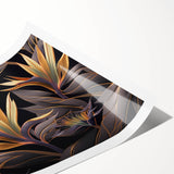 Glam Wall Art - Luxurious Golden Floral Design with Dark Leaves on Black