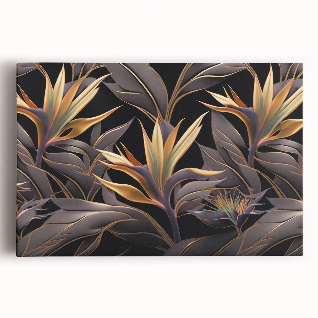 Glam Wall Art - Luxurious Golden Floral Design with Dark Leaves on Black
