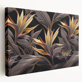 Glam Wall Art - Luxurious Golden Floral Design with Dark Leaves on Black