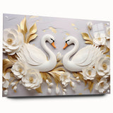 Glam Wall Art - Elegant Swans and Golden Florals on White Background