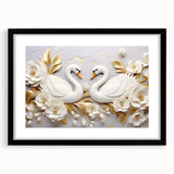 Glam Wall Art - Elegant Swans and Golden Florals on White Background