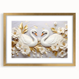 Glam Wall Art - Elegant Swans and Golden Florals on White Background