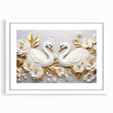 Glam Wall Art - Elegant Swans and Golden Florals on White Background