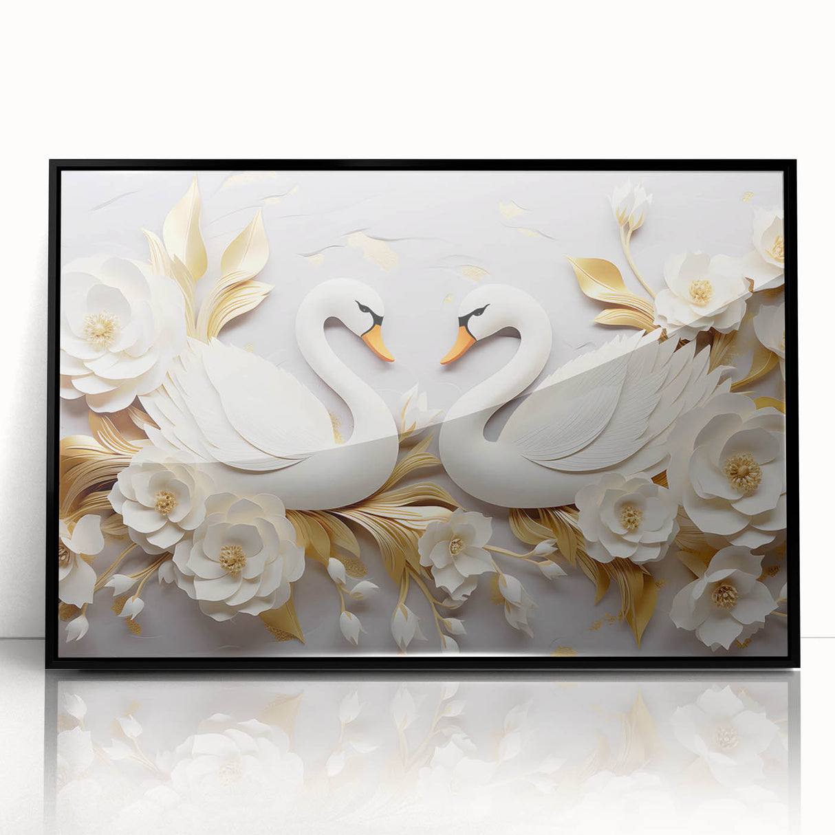 Glam Wall Art - Elegant Swans and Golden Florals on White Background