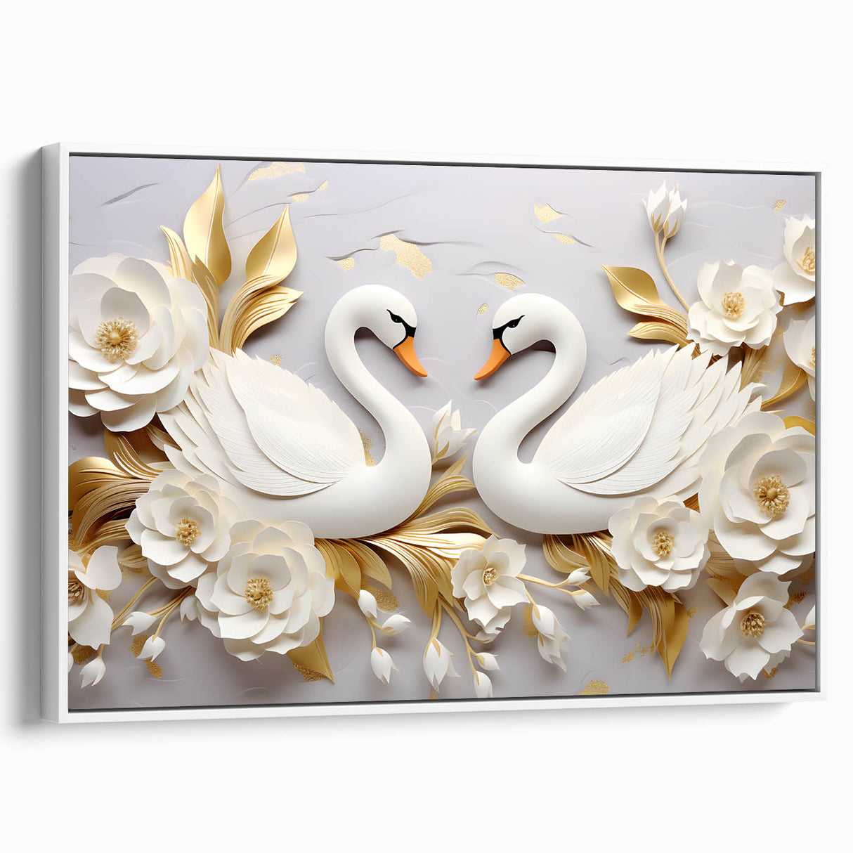 Glam Wall Art - Elegant Swans and Golden Florals on White Background