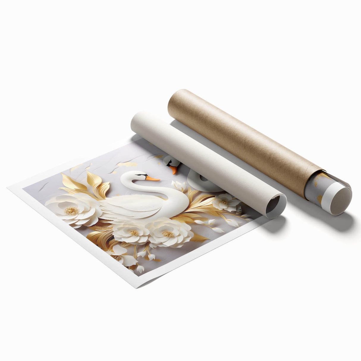 Glam Wall Art - Elegant Swans and Golden Florals on White Background