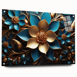 Glam Wall Art - Luxurious Blue and Gold 3D Floral Design for Modern Homes