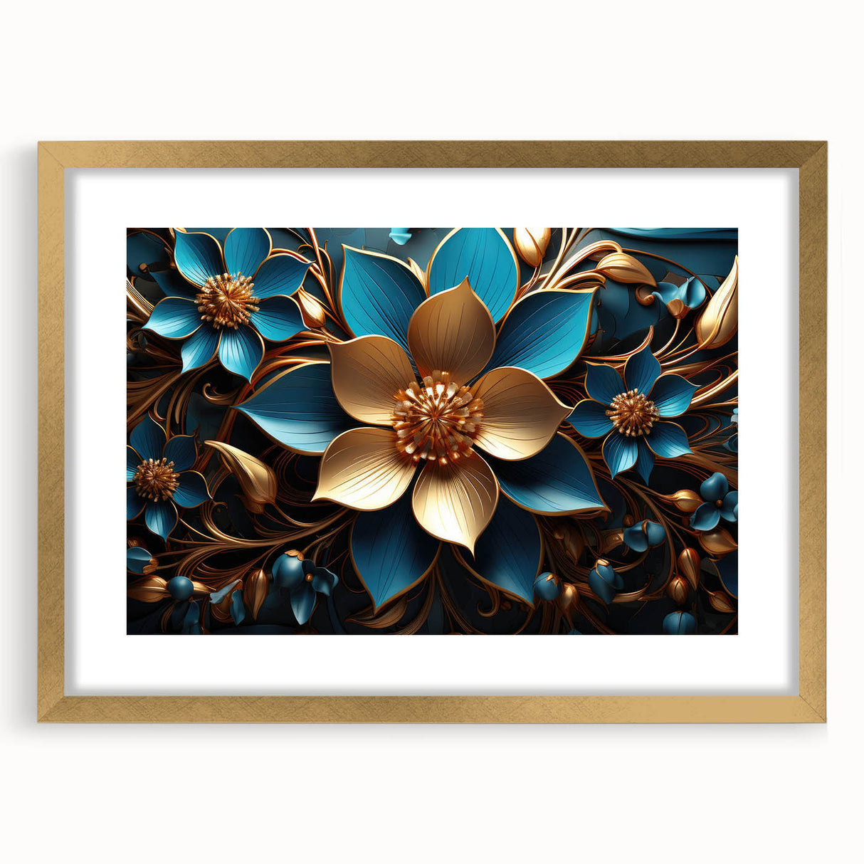 Glam Wall Art - Luxurious Blue and Gold 3D Floral Design for Modern Homes