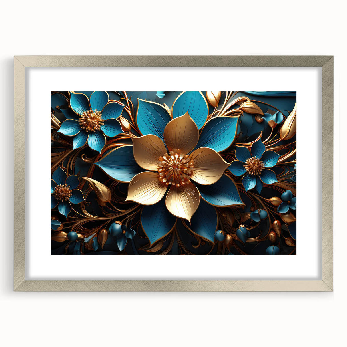 Glam Wall Art - Luxurious Blue and Gold 3D Floral Design for Modern Homes