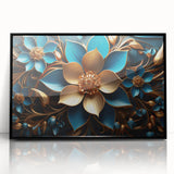 Glam Wall Art - Luxurious Blue and Gold 3D Floral Design for Modern Homes