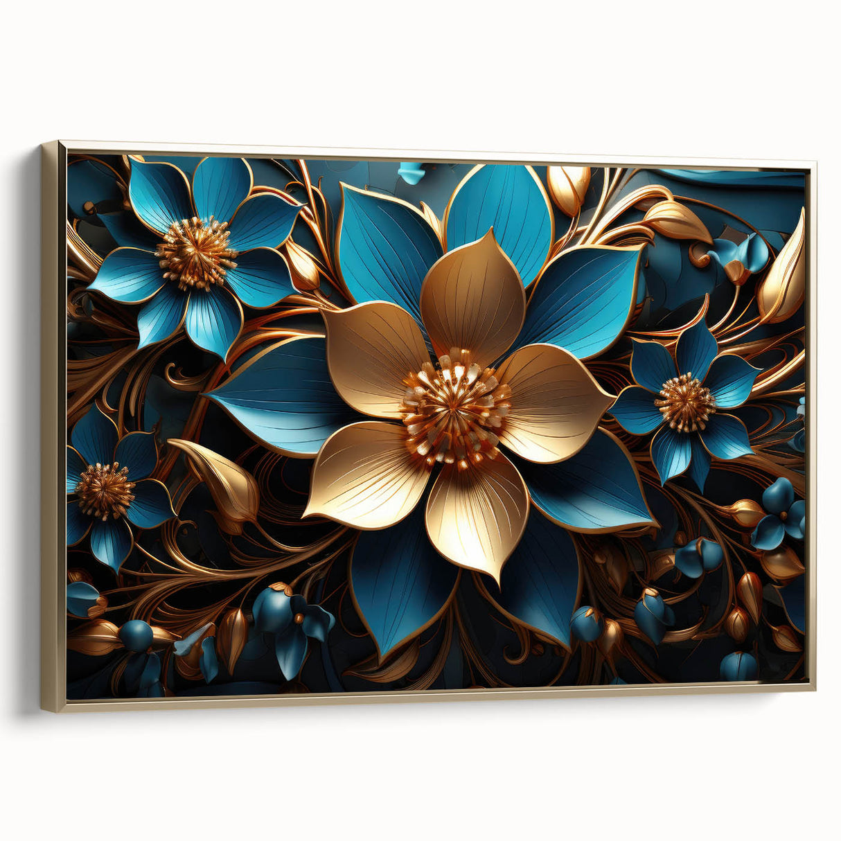 Glam Wall Art - Luxurious Blue and Gold 3D Floral Design for Modern Homes