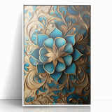 Glam Wall Art - Intricate Blue and Gold 3D Floral Design for Elegant Homes