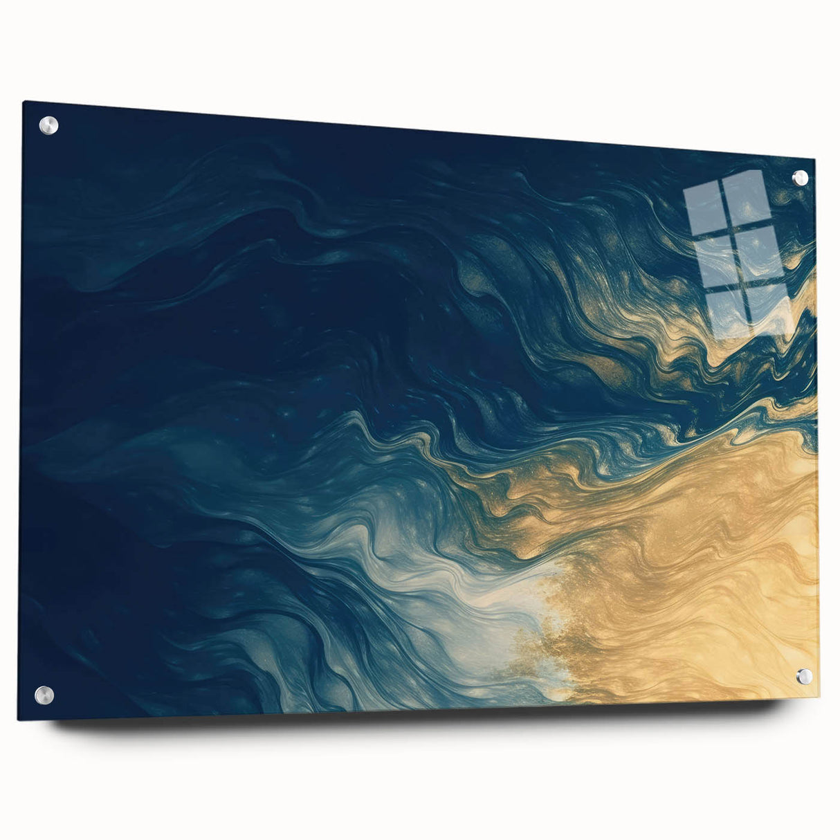 Glam Wall Art - Abstract Gold and Deep Blue Flowing Wave Design