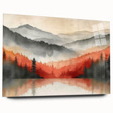 Misty Autumn Forest - Reflected Landscape Wall Art in Gray and Red