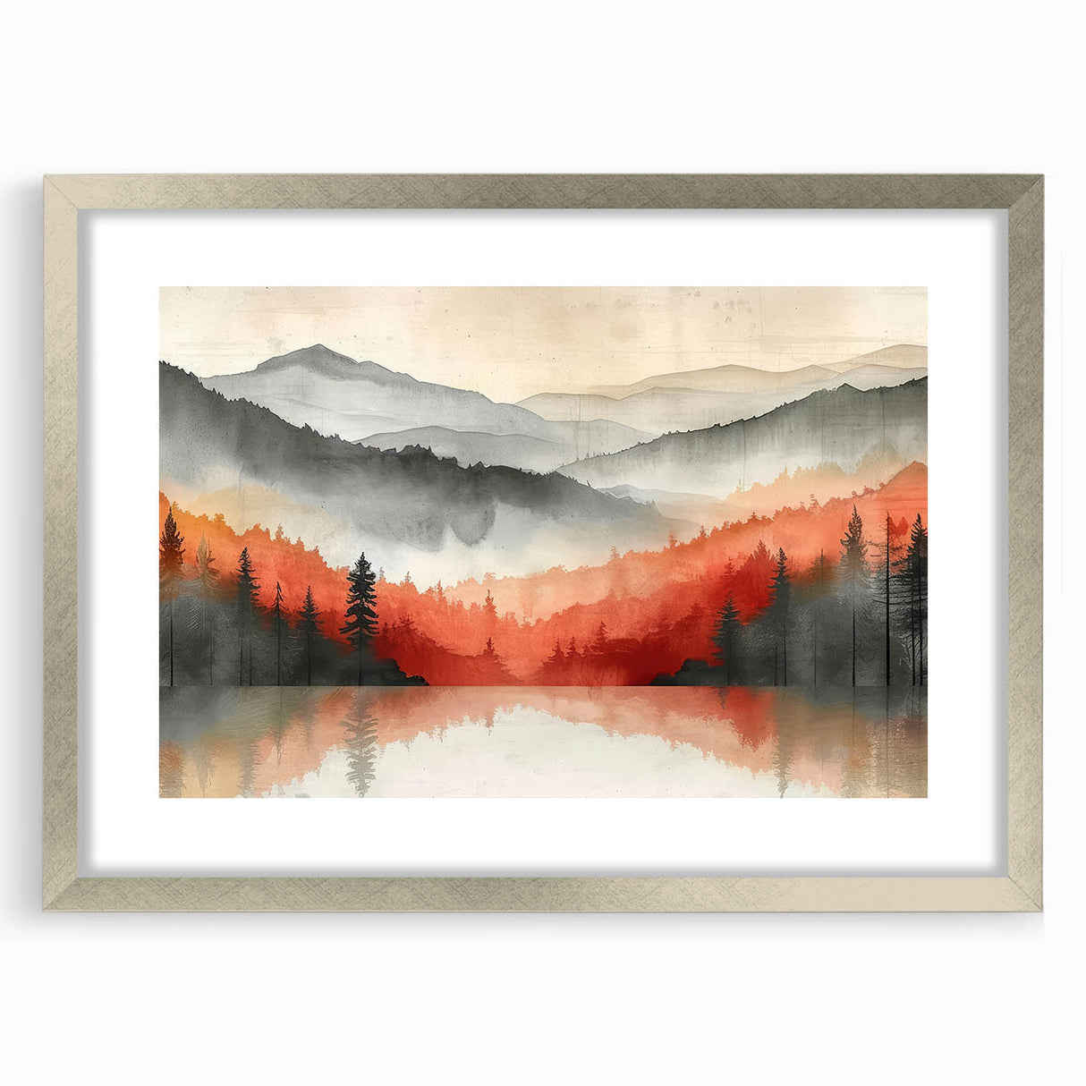 Misty Autumn Forest - Reflected Landscape Wall Art in Gray and Red